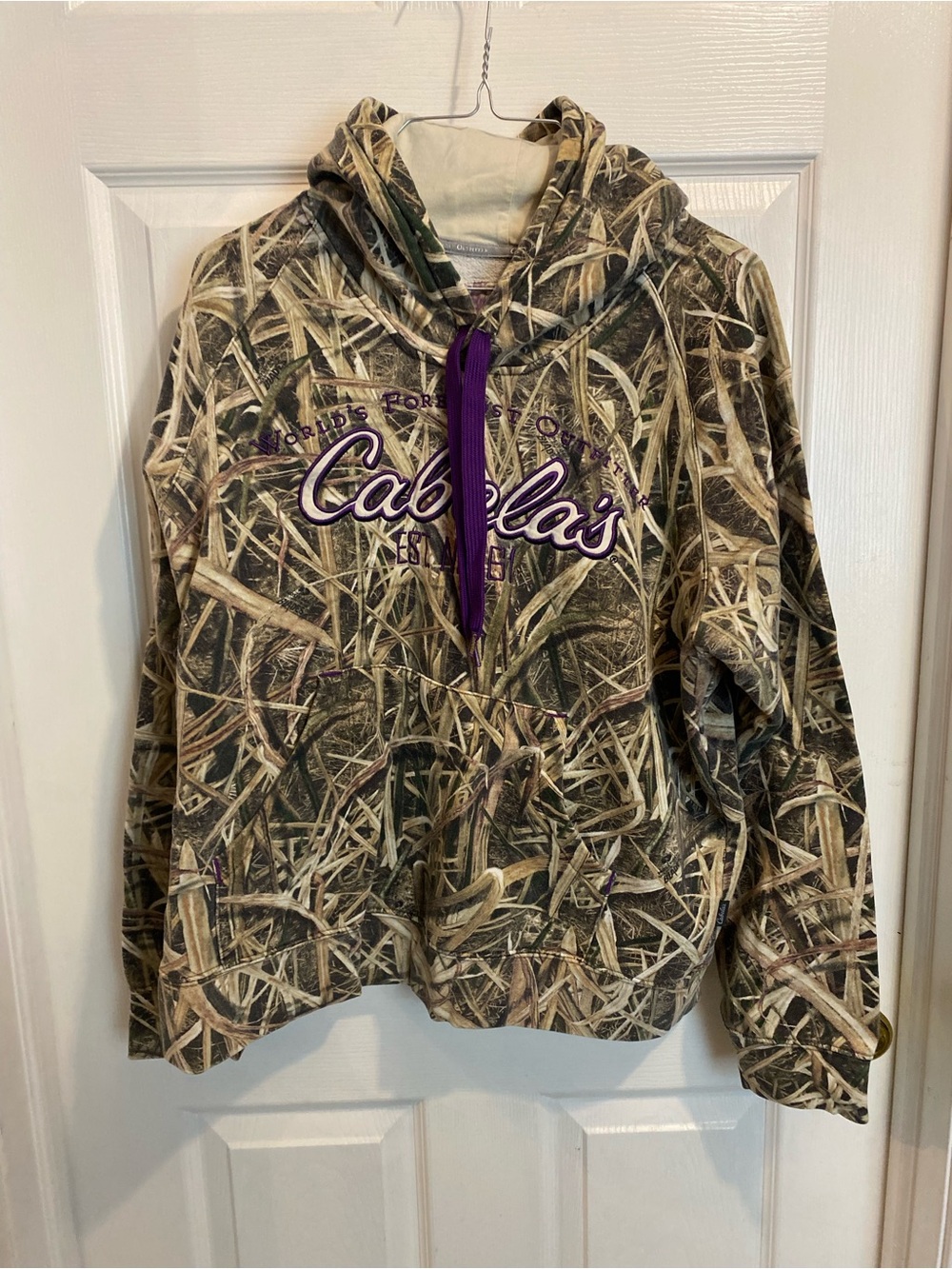Cabela's women’s Camo Hoodie with Purple Drawstrings